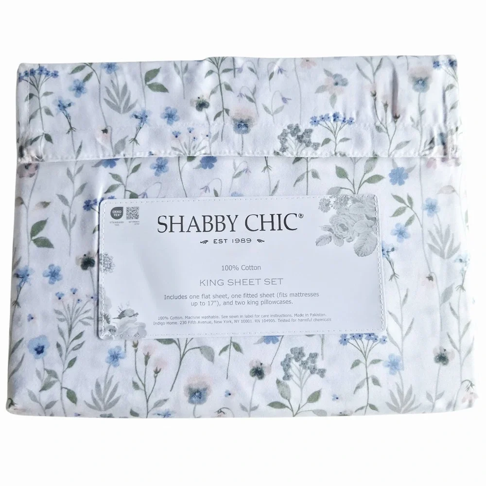 Shabby Chic 4pc Cottagecore Multi Floral Cotton King Sheet‎ Set White Background